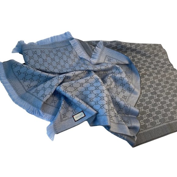 Gucci 411115 Gray and Blue 100% Wool GG Monogram Stencil Scarf - Picture 4 of 15